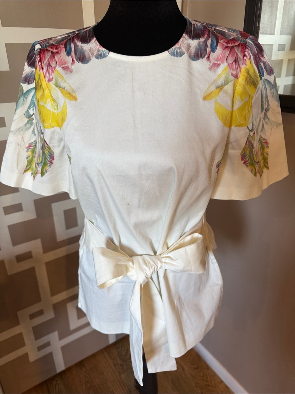 Ted Baker Bonnay Tranquility White/Floral Tie-Waist Blouse, NWOT